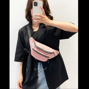 💙 Women's Pink Double Zip Front Pockets Corduroy Adjustable Strap Fanny Pack